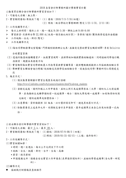 2018各家會計師事務所審計實務實習計劃