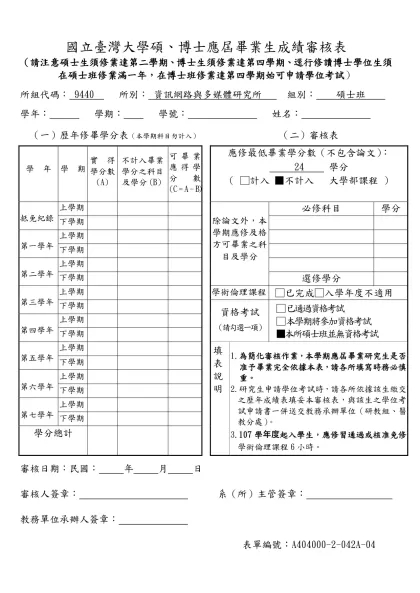 國立臺灣大學研究所屆畢業研究生成績審核表