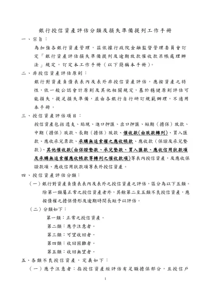 各銀行資產評估分類及評估損失準備提列標準工作手冊