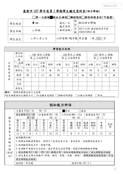 基隆市107學年度第1學期學生鑑定資料表(語言障礙)