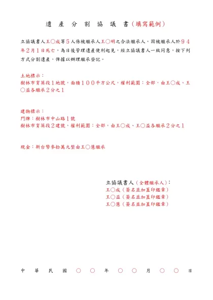 繼承登記(遺產分割協議書填寫範例)-遺 產 分 割 協 議 書（填寫範例）