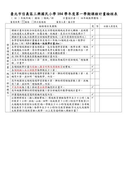 台北市國語實小九十二學年度第二學期六年級社會學習領域教學計劃-臺北市信義區三興國民小學104學年度第一學期課程計畫檢核表