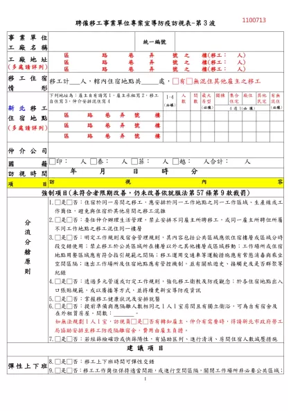 附表2 外籍勞工業務訪查表-聘僱移工事業單位專案宣導防疫訪視表-第3波