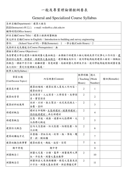 一般及專業理論課程綱要表-General and Specialized Course Syllabus系科名稱(Department)：建築工程系 教師(Instructor):林文山 e-mail