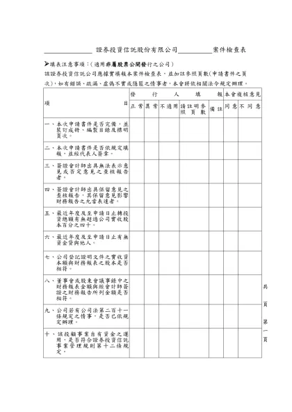 證券投資信託股份有限公司 案件檢查表