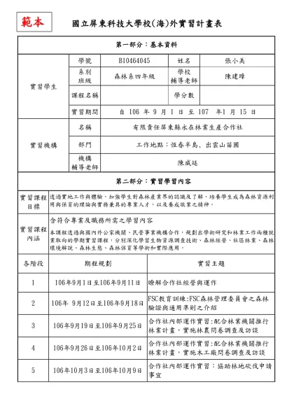 實務訓練計劃表-國立屏東科技大學校(海)外實習計畫表