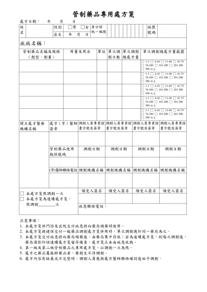 管制藥品專用處方箋-處方日期： 年 月 日 姓名性別