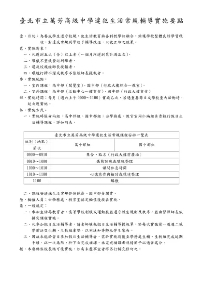 台北市立萬芳高中違犯生活常規輔導實施要點-臺北市立萬芳高級中學違犯生活常規輔導實施要點