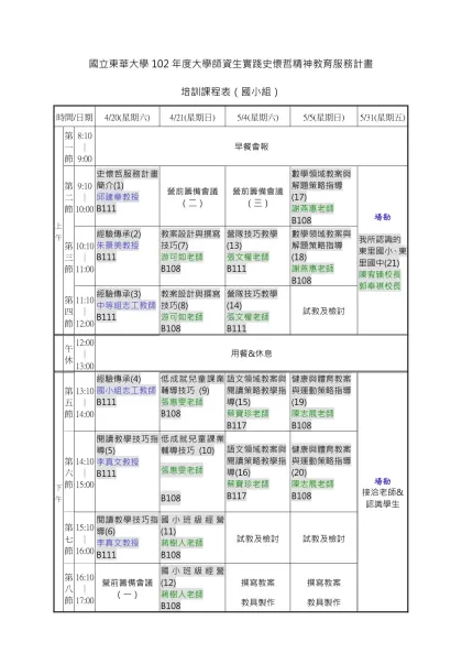國立東華大學102年度大學師資生實踐史懷哲精神教育服務計畫