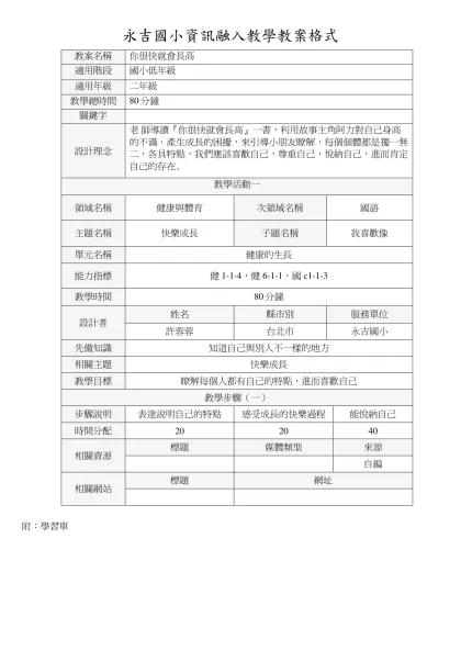 永吉國小資訊融入教學教案格式-教案名稱你很快就會長高