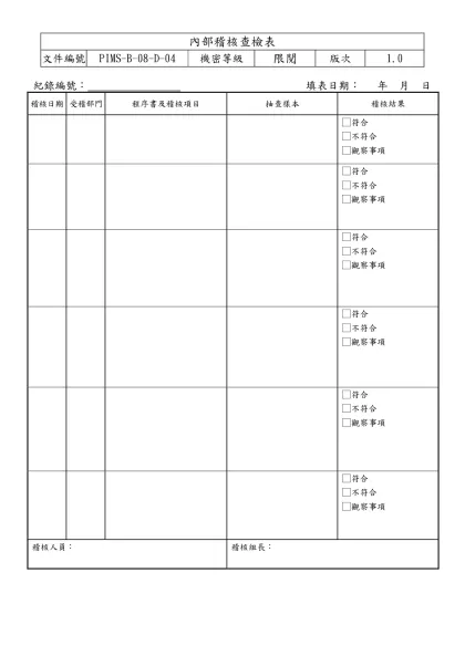 內部品質稽核查檢表-紀錄編號： 填表日期： 年 月 日