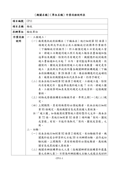 行政院公共工程委員會 作業程序說明表-（機關名稱）（單位名稱）作業流程說明表