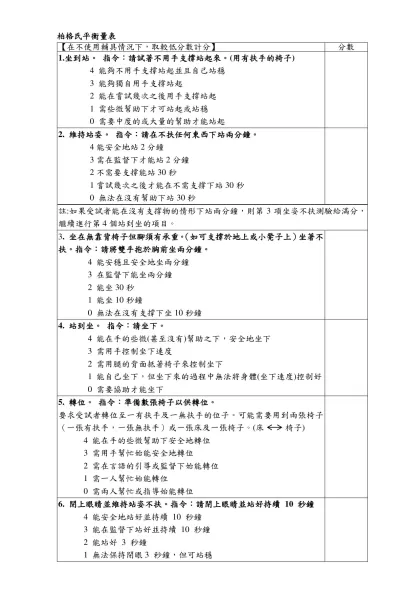 柏格氏平衡量表-【在不使用輔具情況下，取較低分數計分】