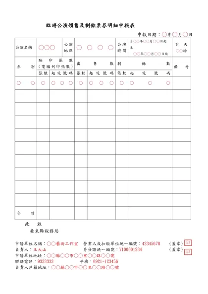 臨時公演領售及剩餘票券明細表範例