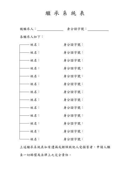 申請書-繼 承 系 統 表-被繼承人： 身分證字號： 各繼承人如下：