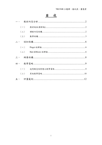 數學本質概念─空間-目 次-一、 教材內容分析 2（一） 教材地位(康軒版) 2