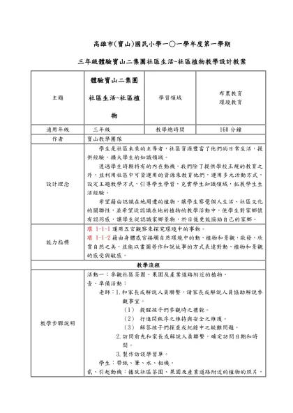 一 年級「體驗寶山二集團社區生活」教學設計教案-高雄市(寶山)國民小學一○一學年度第一學期