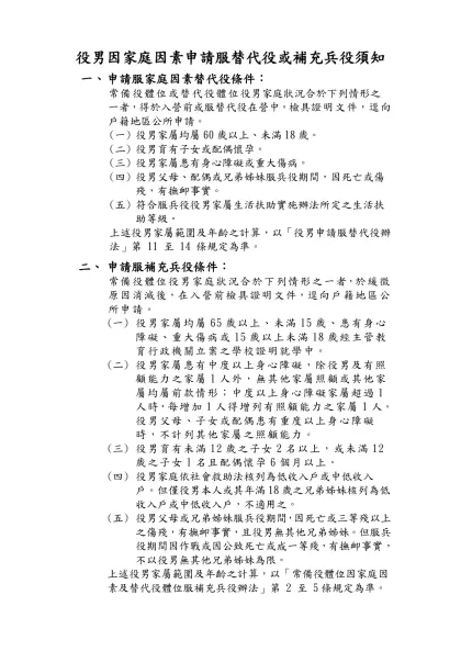 役男因家庭狀況申請服替代役或補充兵役條件