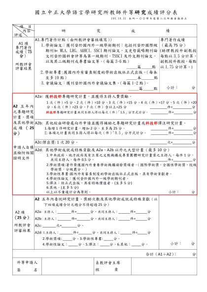 國立中正大學語言學研究所教師升等研究成績評分表
