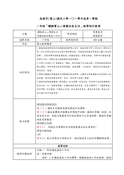 一 年級「體驗寶山二集團社區生活」教學設計教案-高雄市(寶山)國民小學一○一學年度第一學期