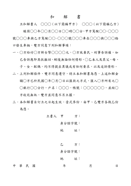 和解書(車禍)-和 解 書-立和解書人 ○○○（以下簡稱甲方） ○○○（以下簡稱乙方）