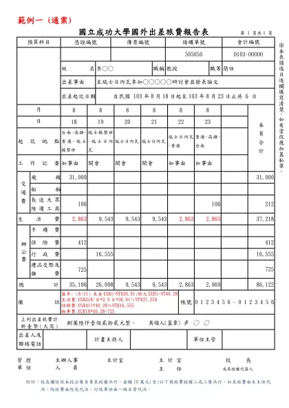 國立成功大學教職員工國內出差旅費報告表-範例一 (通案)