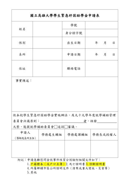 國立高雄大學學生急難慰問救助金申請表-國立高雄大學學生緊急紓困助學金申請表