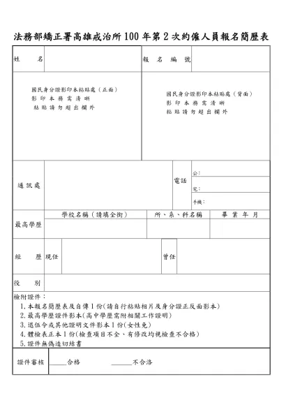 臺灣臺東戒治所98年約僱人員（管理員）報名簡歷表-法務部矯正署高雄戒治所100年第2次約僱人
