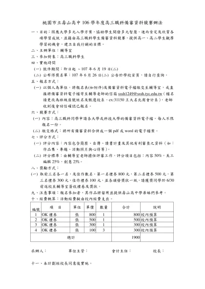 桃園市立壽山高中106學年度高三職科備審資料競賽辦法