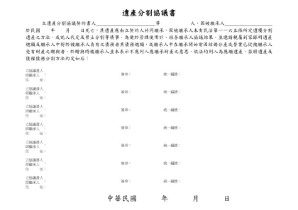 遺產分割協議契約書-立遺產分割協議契約書人 等 人，因被繼承人 於民國 年 月 日死亡，其遺產應由立契約人共同繼承，因被繼承人未有民法第一一六五條所定遺囑分割遺產之方法，或託人代定及禁止分割等情事，為