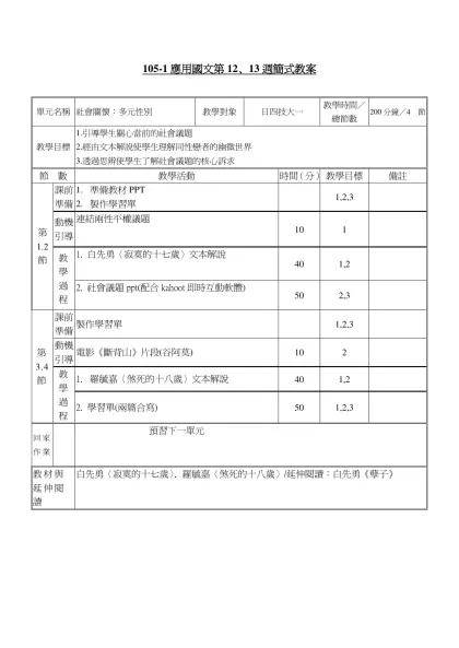 教案格式-105-1應用國文第12、13週簡式教案