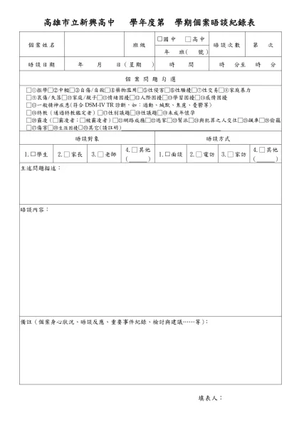 高雄市立陽明國中學生輔導晤談表-高雄市立新興高中 學年度第 學期個案晤談紀錄表