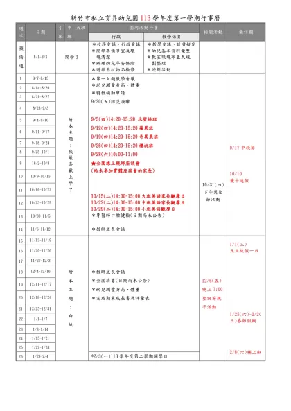 96年度第二學期單元行事曆-新竹市私立育昇幼兒園113學年度第一學期行事曆