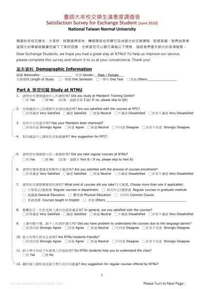 Satisfaction Survey for Exchange Student (2009 Fall)