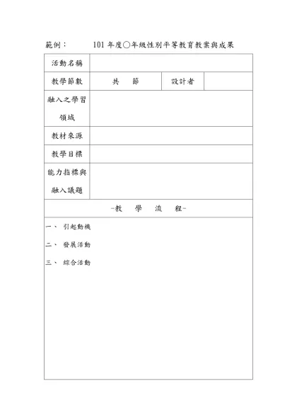 教學簡案格式-範例： 101年度○年級性別平等教育教案與成果