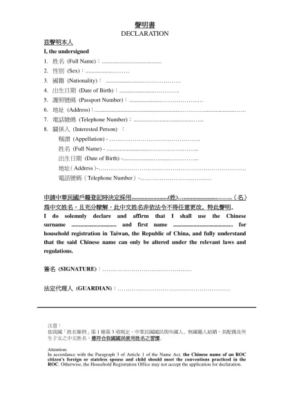 中文姓名聲明書-茲聲明本人-I, the undersigned姓名 (Full Name)：.........................................性別 (Sex)：...