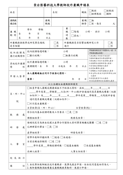 國立成功大學教職員校外兼職簽辦表-崇右影藝科技大學教師校外兼職申請表
