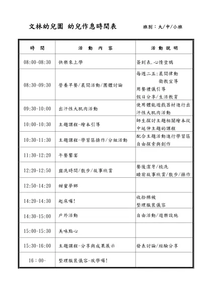 文林幼稚園日課表 CLASS：櫻桃班-文林幼兒園 幼兒作息時間表 班別：大/中/小班