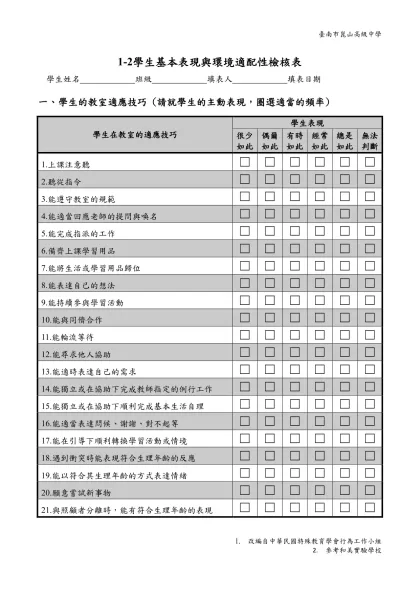 附件一：學生基本表現與環境適配性檢核（S_版：學前個案版）-1-2學生基本表現與環境適配性檢核表
