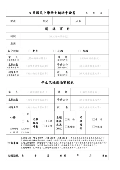 桃園縣立文昌國民中學學生改過銷過執行記錄表 年 月 日 寫填-文昌國民中學學生銷過申請書 年 月 日
