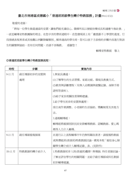 特殊教育在國語實小----臺北市南港區成德國小「普通班班級學生轉介特教服務」計畫(99.6.2訂定)