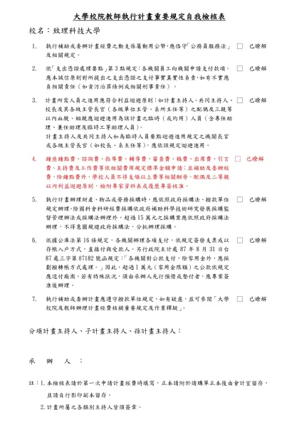 計畫執行重要規定自我檢核表範例（草案）-大學校院教師執行計畫重要規定自我檢核表