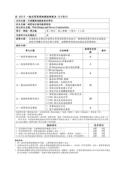 表 A10-1 一般及專業理論課程綱要表 (1-1-R-1)