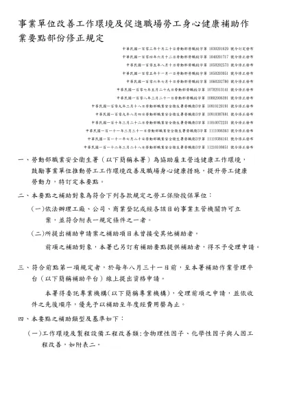 勞動部職業安全衛生署-事業單位改善工作環境及促進職場勞工身心健康補助作業要點部份修正規定