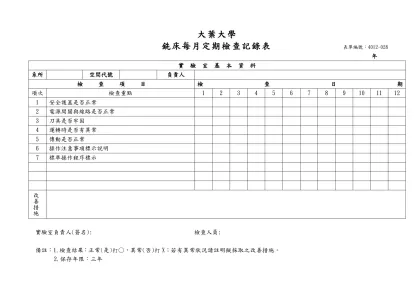 銑床每日檢查表-大葉大學- 銑床每月定期檢查記錄表 表單編號：4012-028