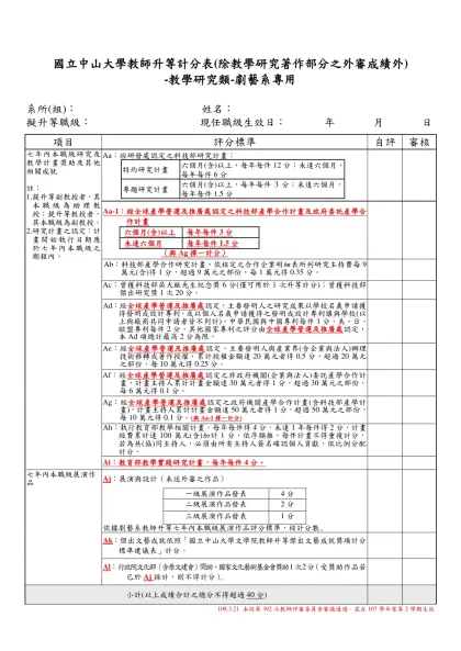 國立中山大學教師升等計分表(除教學研究著作部分之外審成績外)
