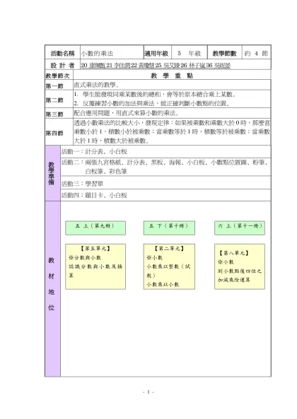 教學活動設計表格-活動名稱-活動名稱小數的乘法適用年級