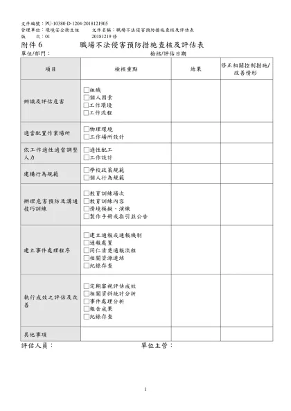 職場不法侵害預防措施查核及評估表-文件編號：PU-10380-D-1204-2018121905