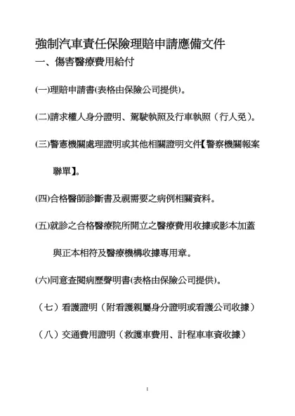 汽機車強制險理賠項目：-強制汽車責任保險理賠申請應備文件