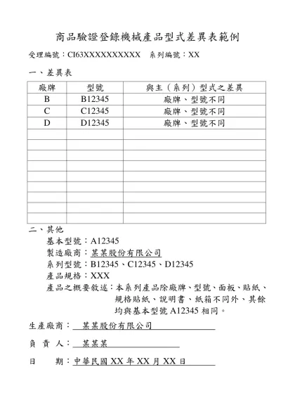 商品驗證登錄機械產品型式差異表範例